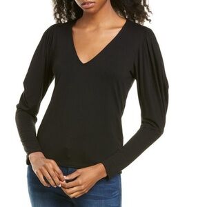 Frame Shirred Puff Long Sleeve V-Neck Stretch Top in Noir Size S